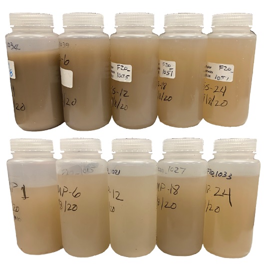 Two photos show bottles of water. The top photo is much dirtier than the second. 